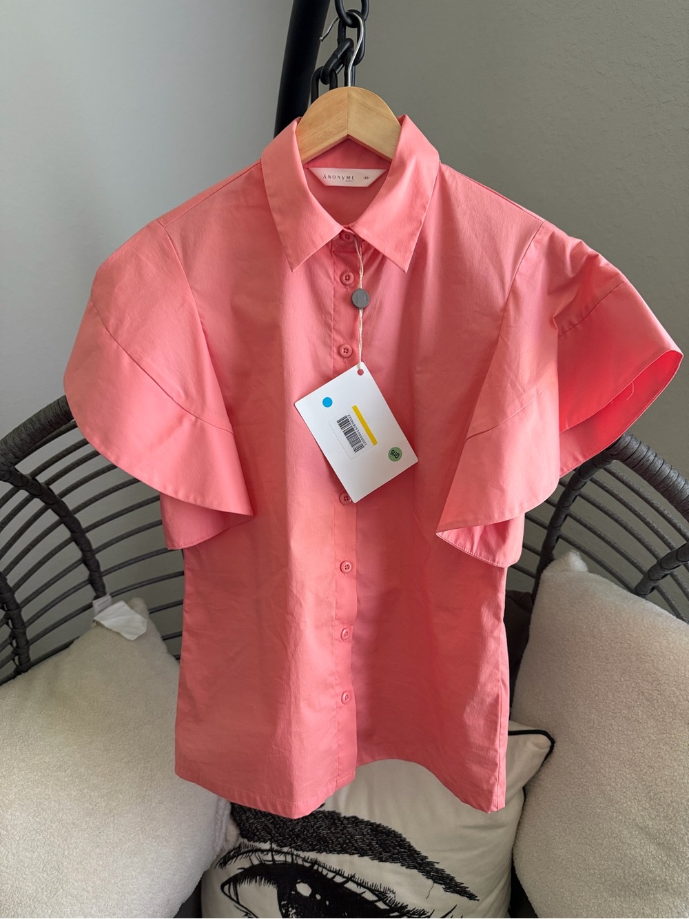Anonyme Short-Sleeve Button-Down Shirt in Coral Pink - Casual XS